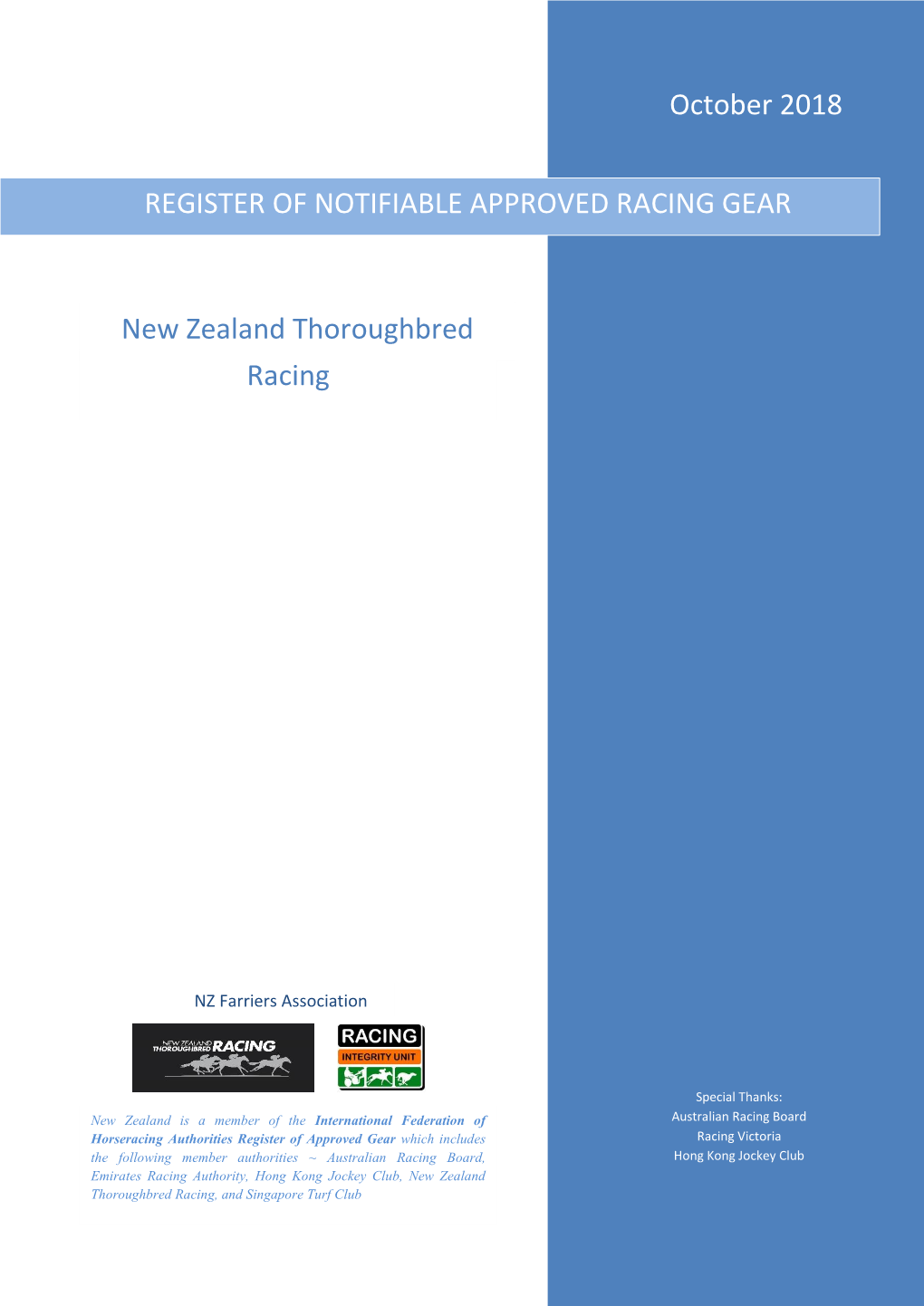 REGISTER of NOTIFIABLE APPROVED RACING GEAR October 2018 New Zealand Thoroughbred Racing