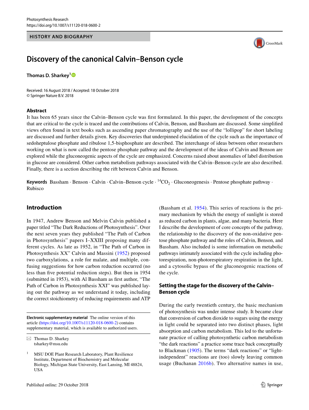 Discovery of the Canonical Calvin–Benson Cycle