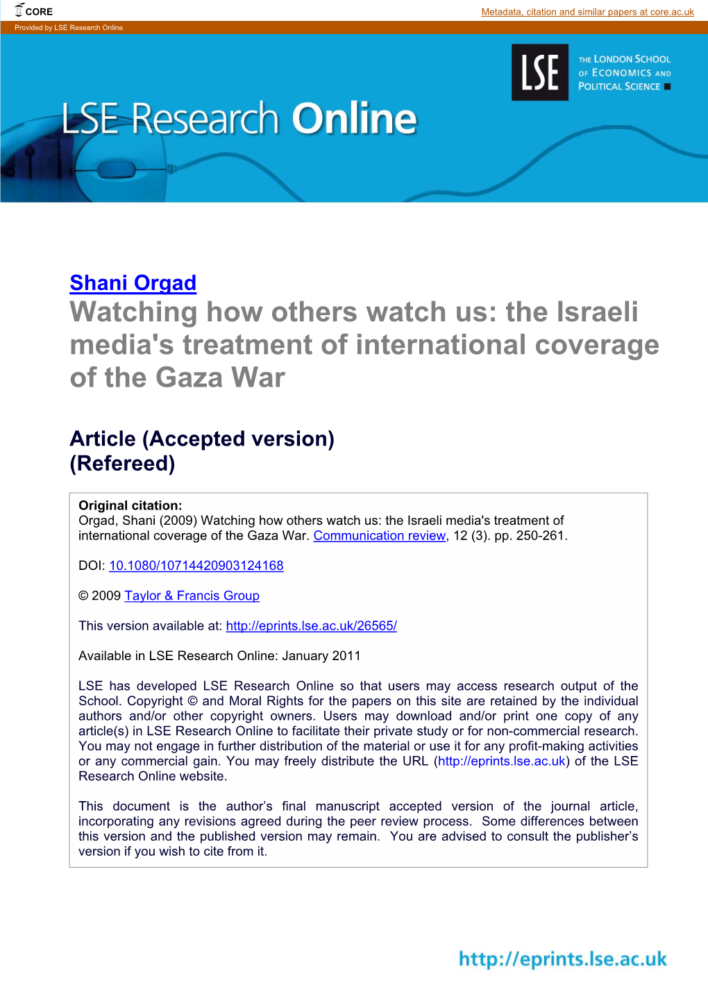 The Israeli Media's Treatment of International Coverage of the Gaza War