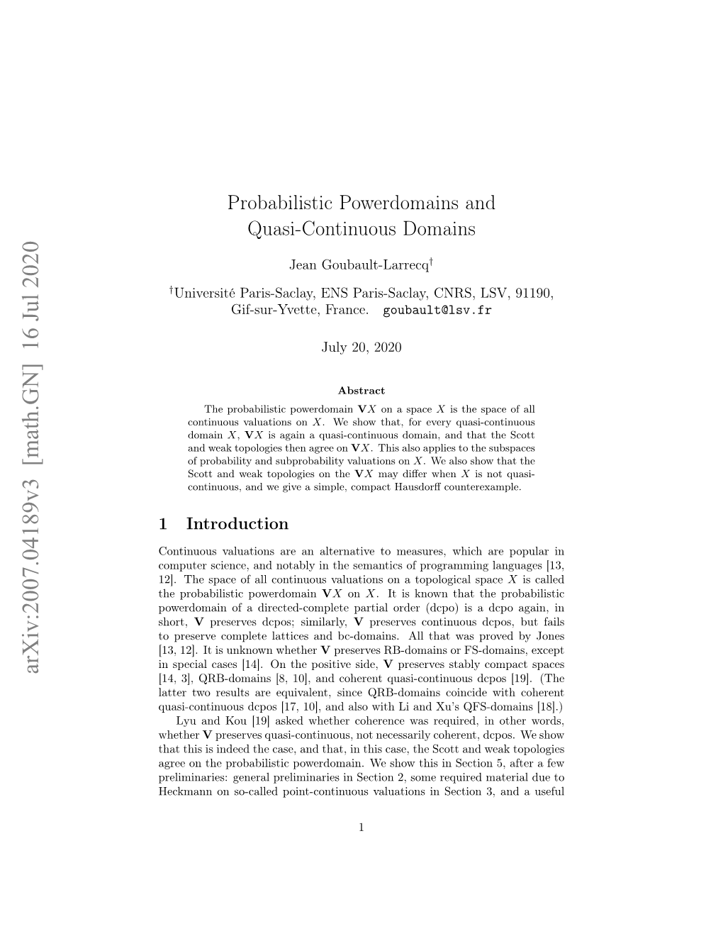 Arxiv:2007.04189V3 [Math.GN] 16 Jul 2020 [14, 3], QRB-Domains [8, 10], and Coherent Quasi-Continuous Dcpos [19]