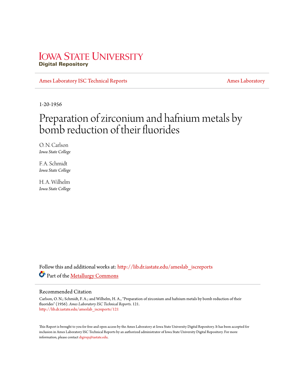 Preparation of Zirconium and Hafnium Metals by Bomb Reduction of Their Fluorides O