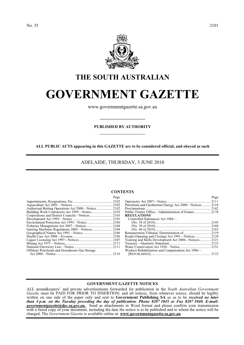 Proclamation 2010 Under Section 34(2) of the National Parks and Wildlife Act 1972