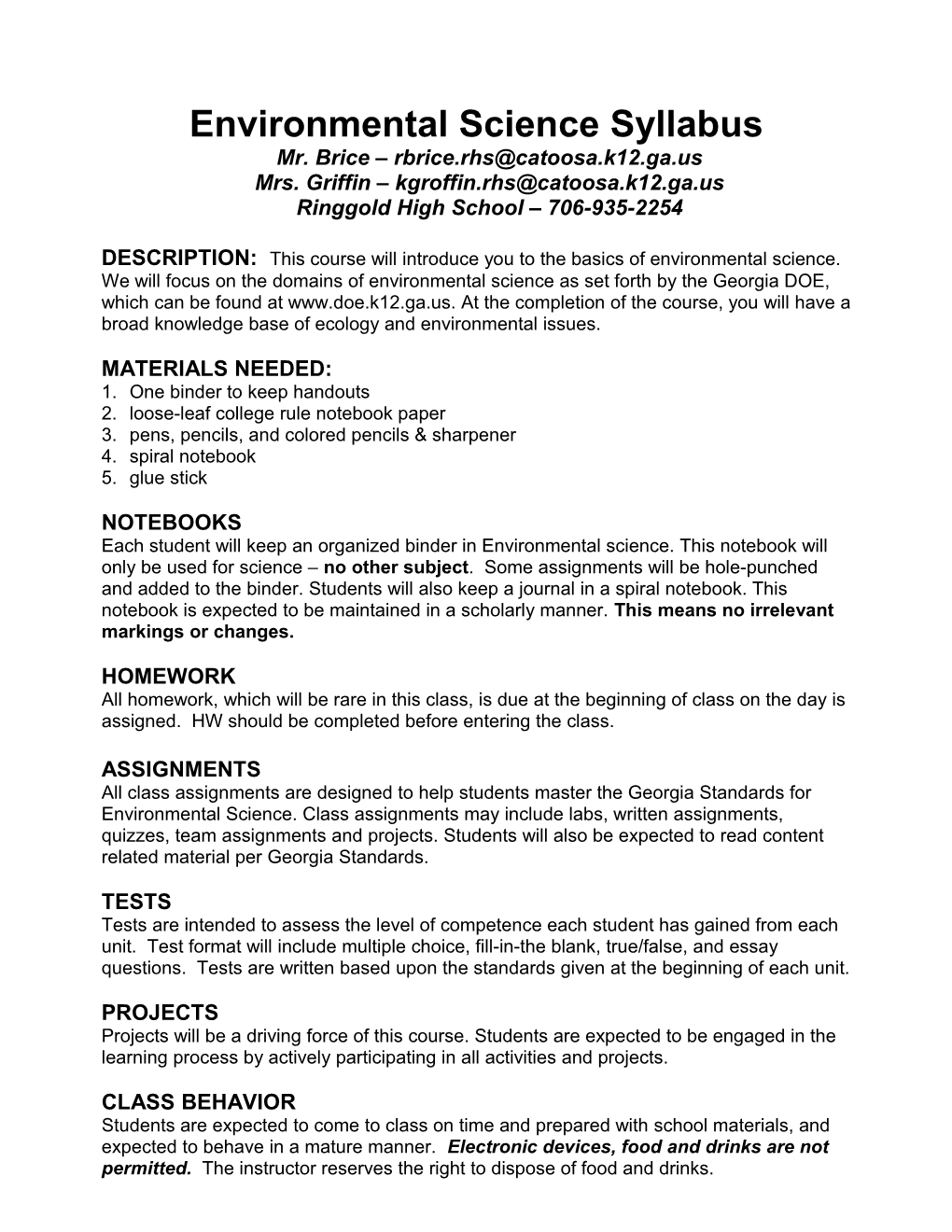 Environmental Science Syllabus