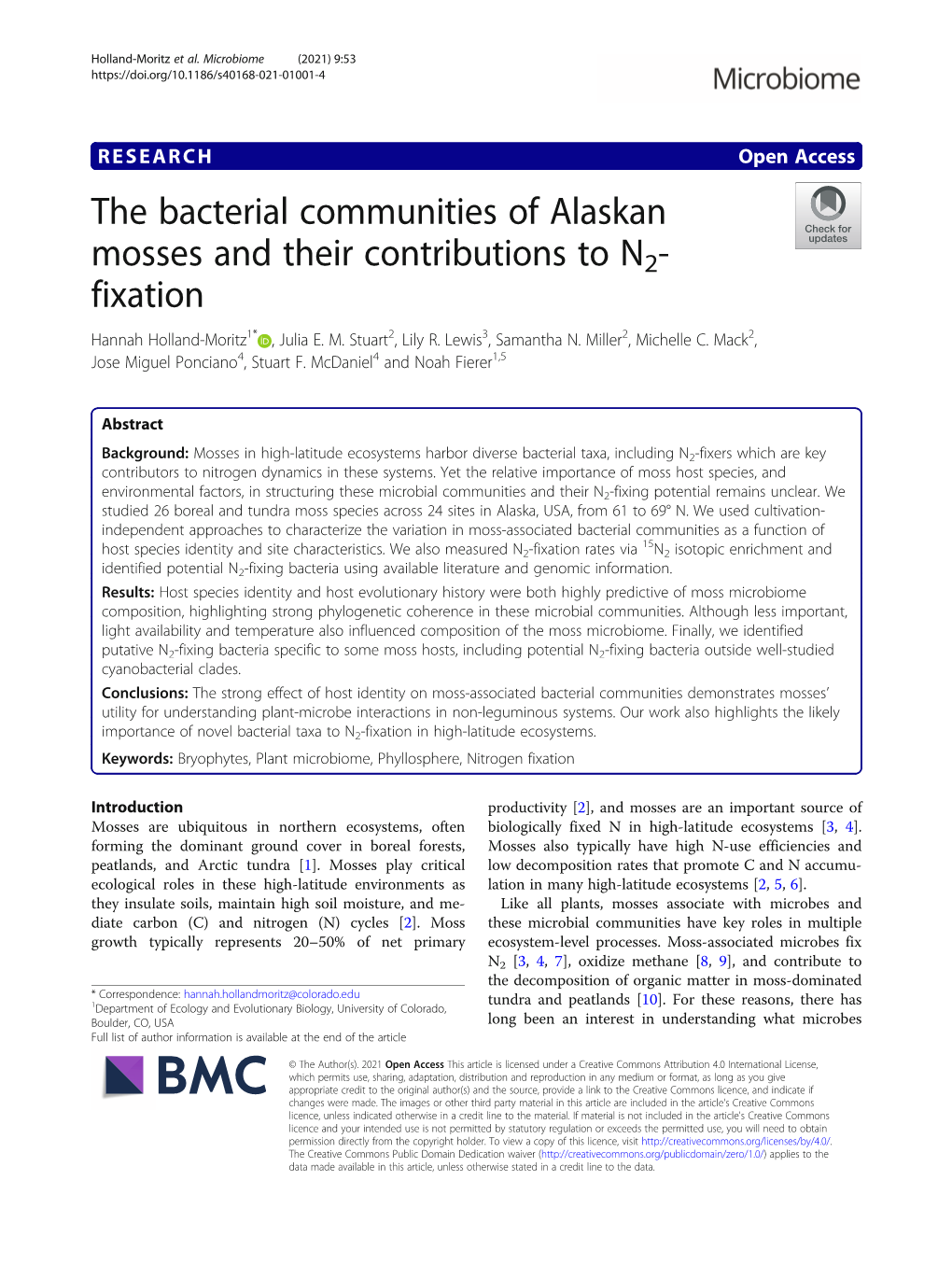 The Bacterial Communities of Alaskan Mosses and Their Contributions to N2- Fixation Hannah Holland-Moritz1* , Julia E