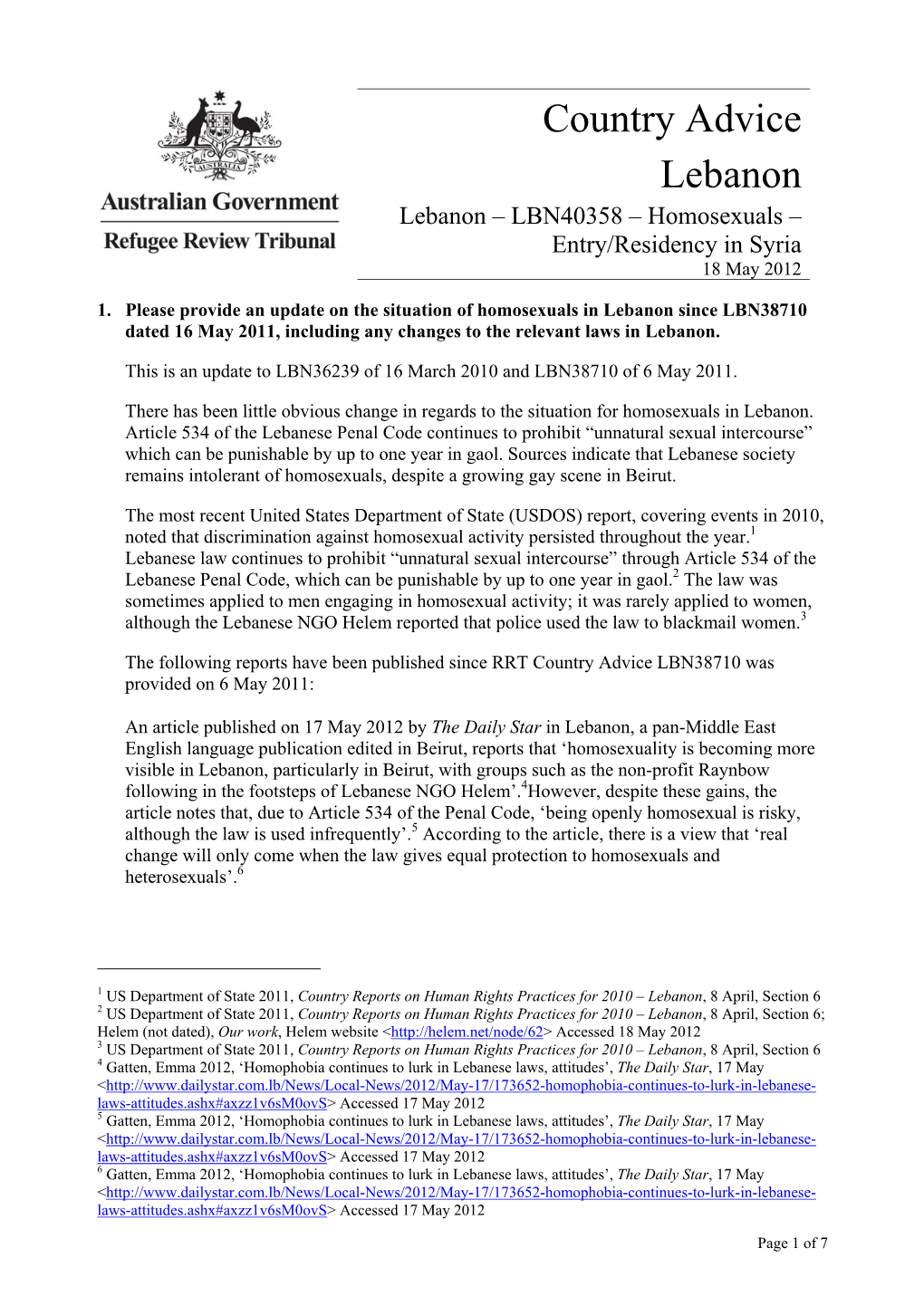 Lebanon – LBN40358 – Homosexuals – Entry/Residency in Syria 18 May 2012