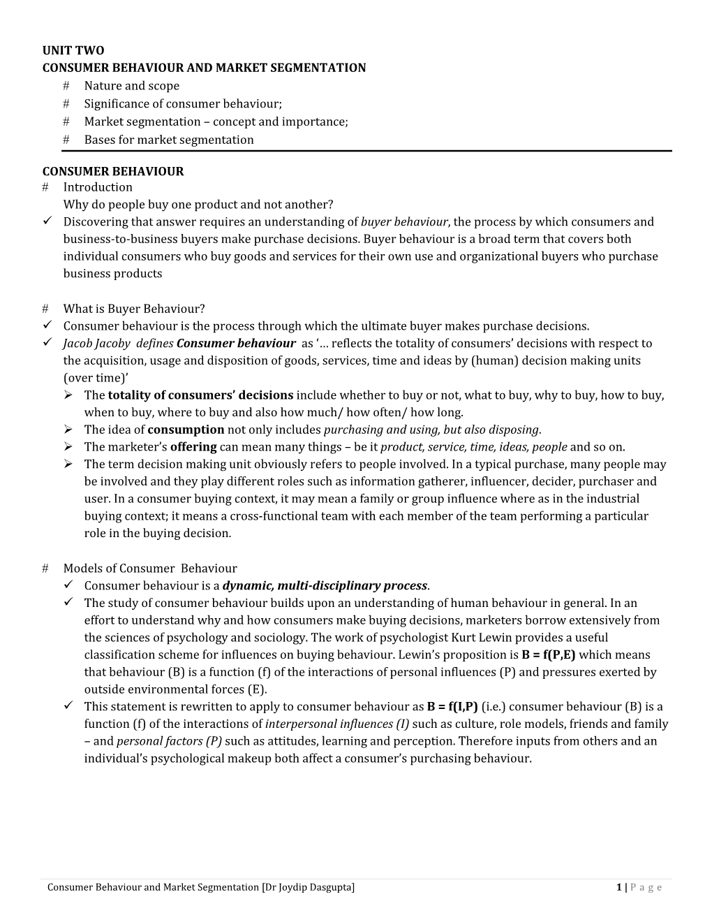 Unit Two Consumer Behaviour and Market Segmentation