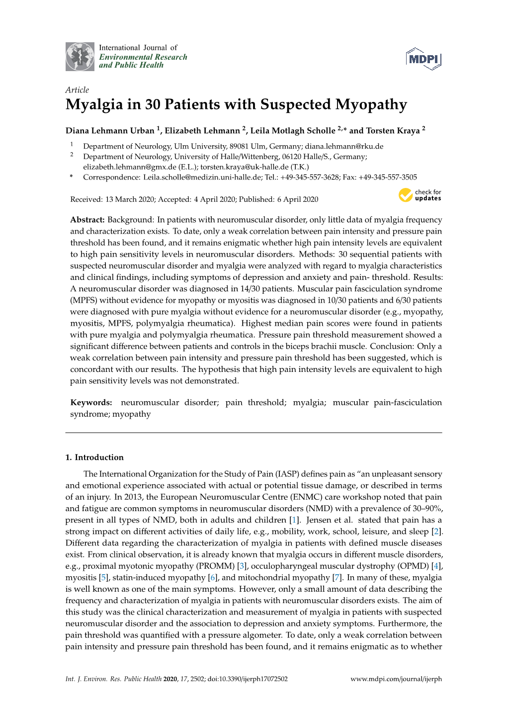 Myalgia in 30 Patients with Suspected Myopathy