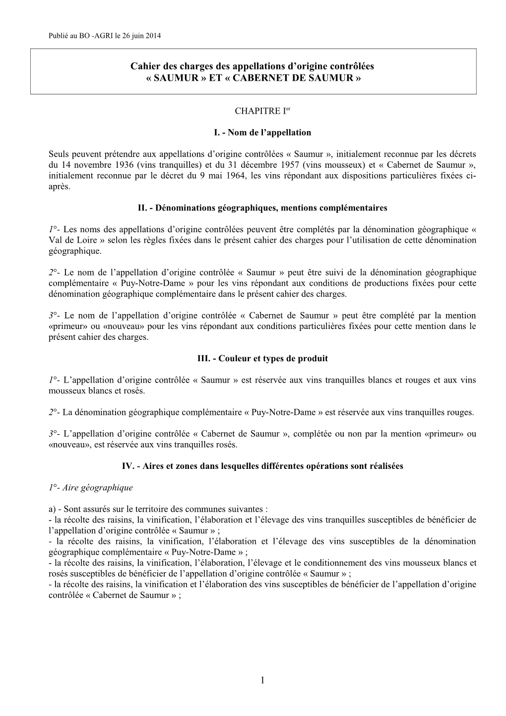 Cahier Des Charges Des Appellations D'origine Contrôlée Saumur Et