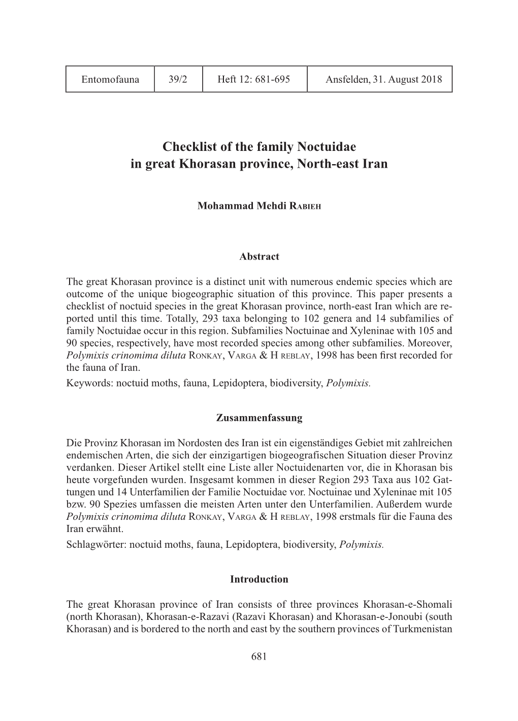 Checklist of the Family Noctuidae in Great Khorasan Province, North-East Iran