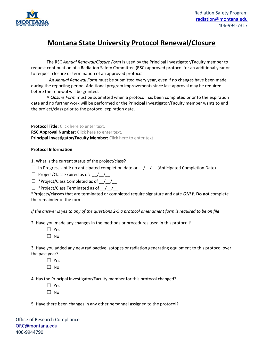 Montana State University Protocol Renewal/Closure