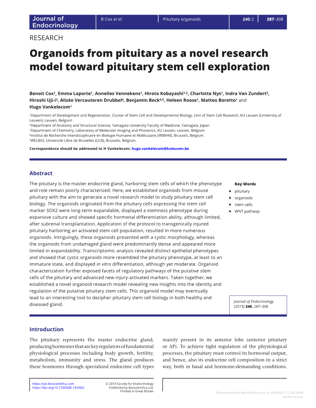 Organoids from Pituitary As a Novel Research Model Toward Pituitary Stem Cell Exploration