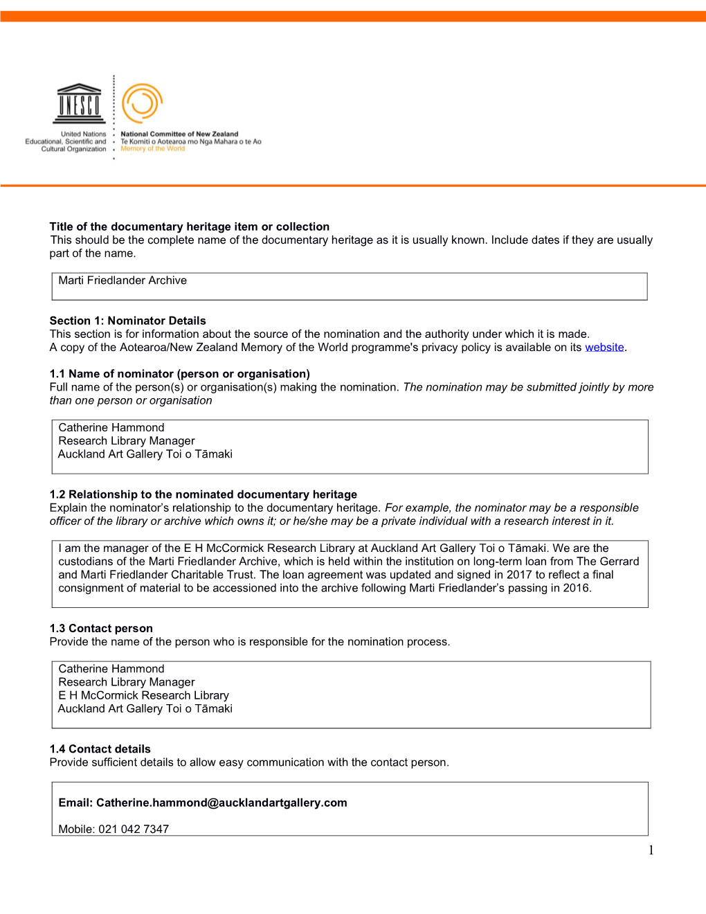 Components of the Nomination Form