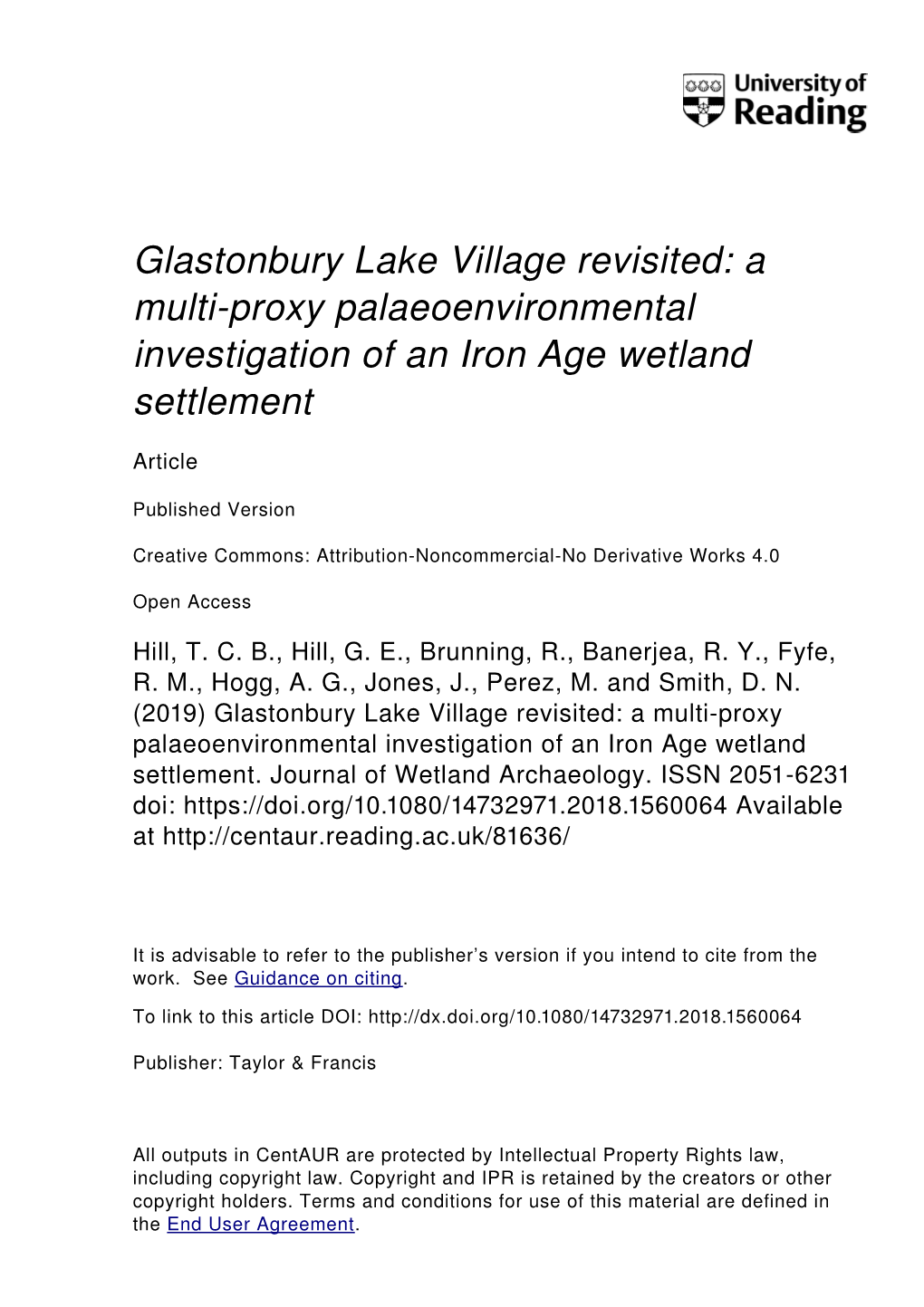 Glastonbury Lake Village Revisited: a Multi-Proxy Palaeoenvironmental Investigation of an Iron Age Wetland Settlement