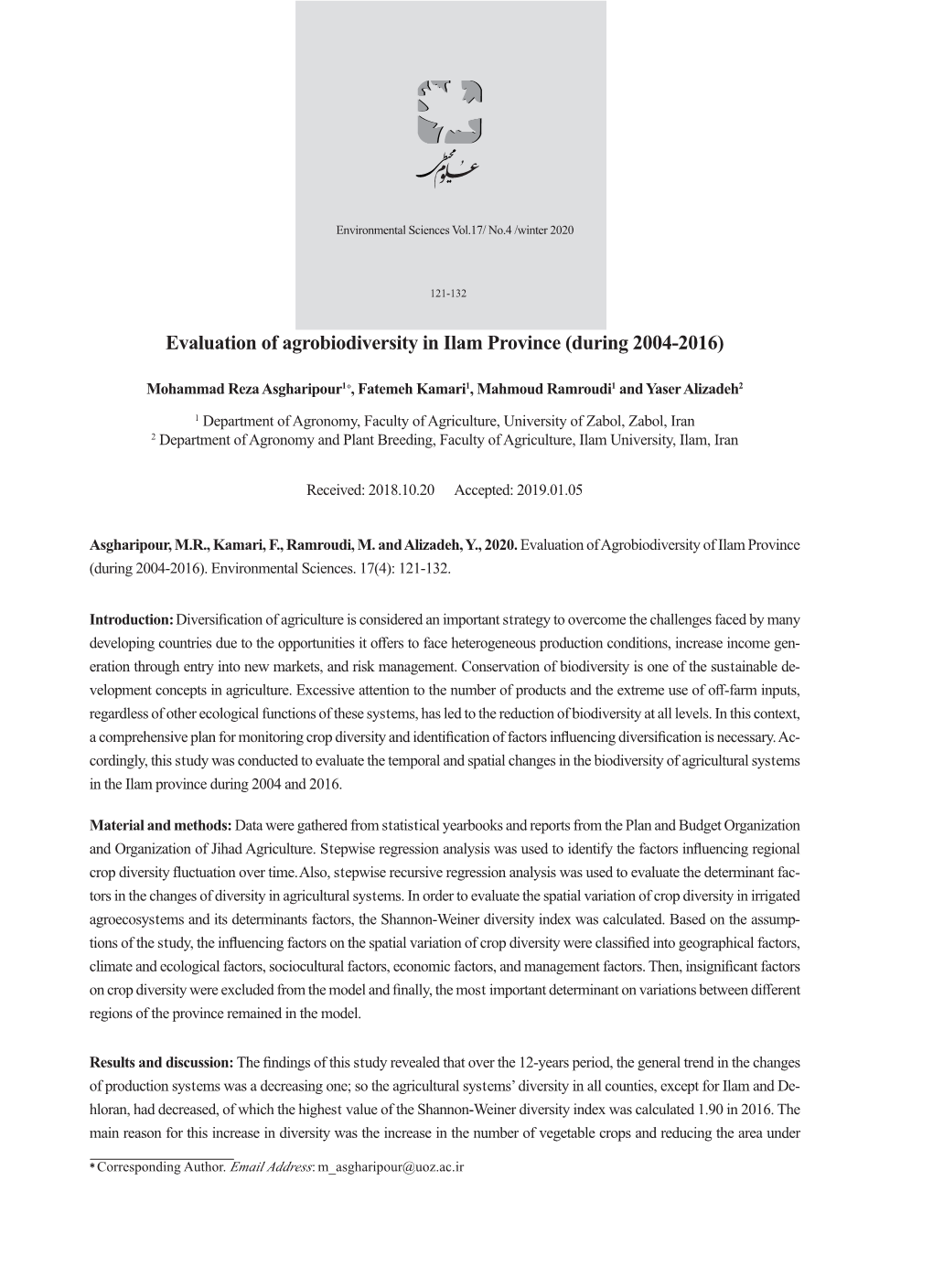 Evaluation of Agrobiodiversity in Ilam Province (During 2004-2016)