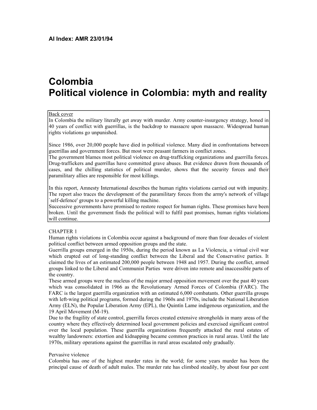 Colombia Political Violence in Colombia: Myth and Reality