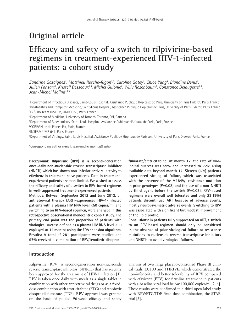 Original Article Efficacy and Safety of a Switch to Rilpivirine-Based Regimens in Treatment-Experienced HIV-1-Infected Patients: a Cohort Study