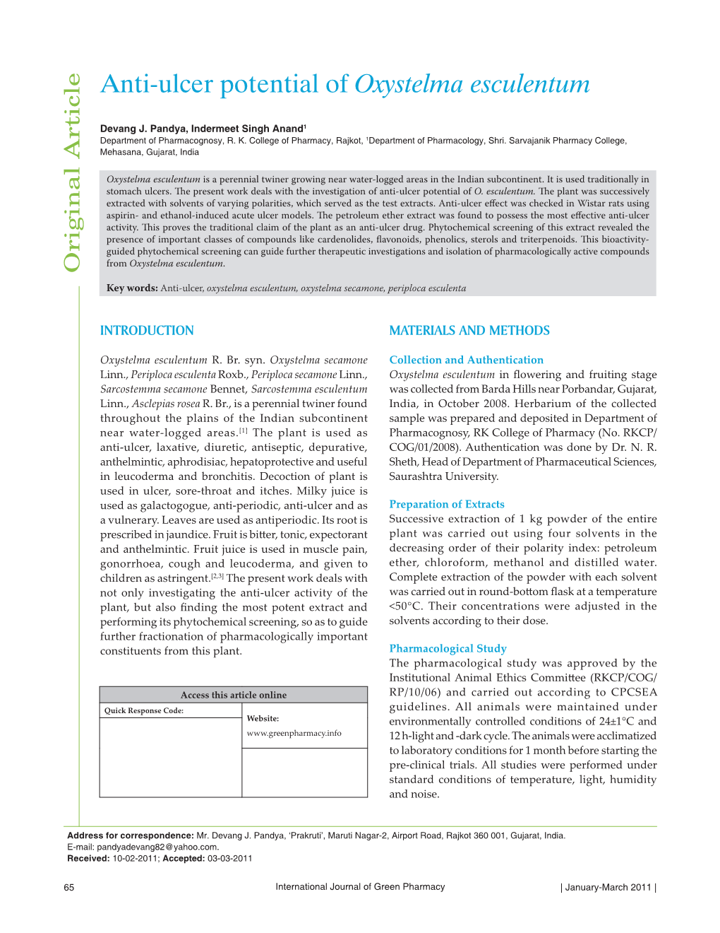 Anti-Ulcer Potential of Oxystelma Esculentum