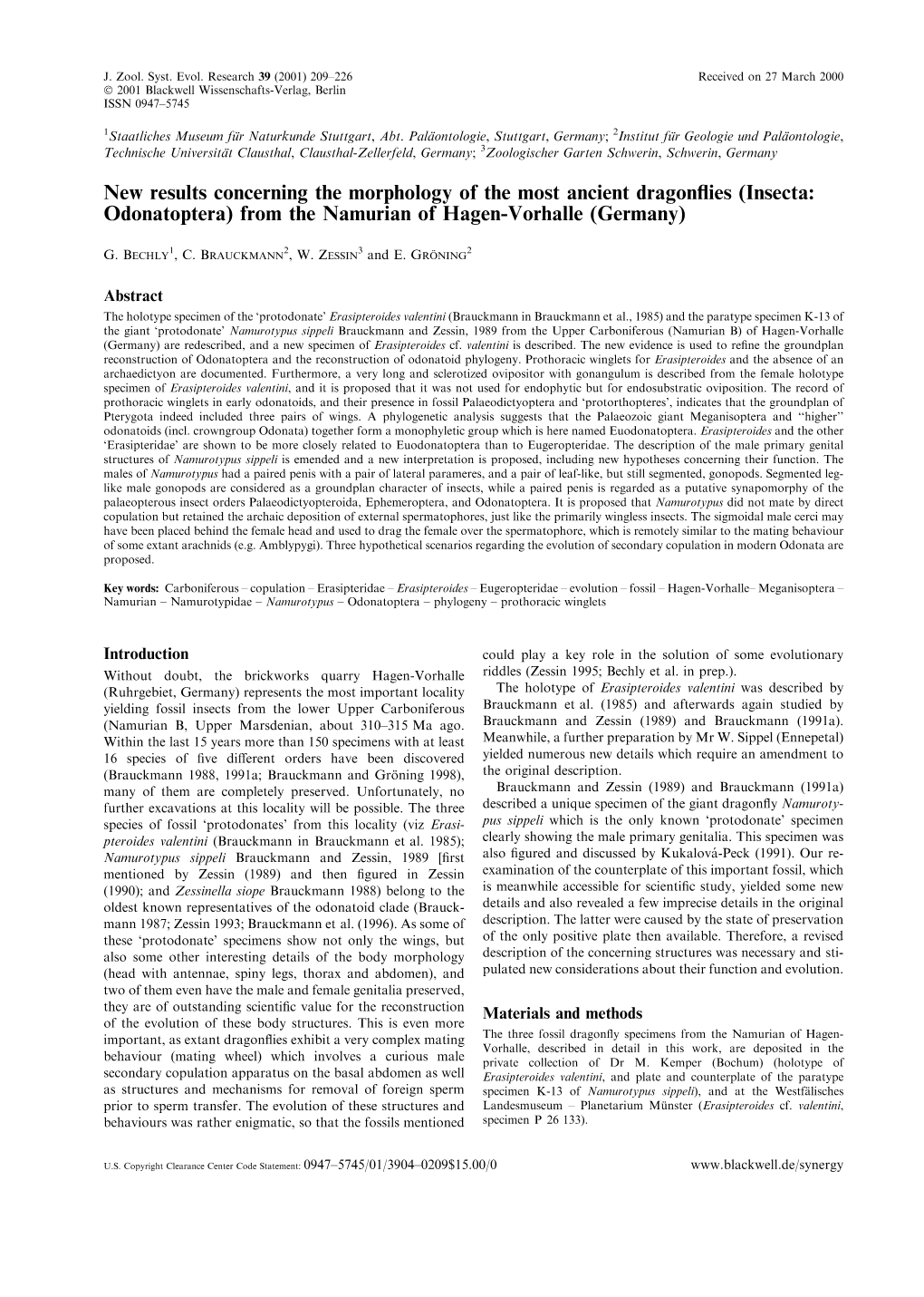 New Results Concerning the Morphology of the Most Ancient Dragon¯Ies (Insecta: Odonatoptera) from the Namurian of Hagen-Vorhalle (Germany)