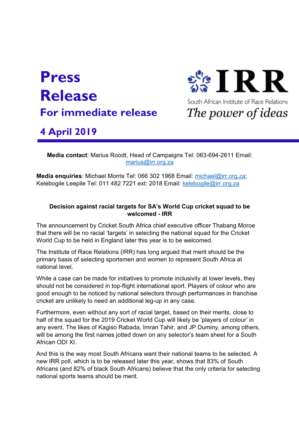 Press Release for Immediate Release