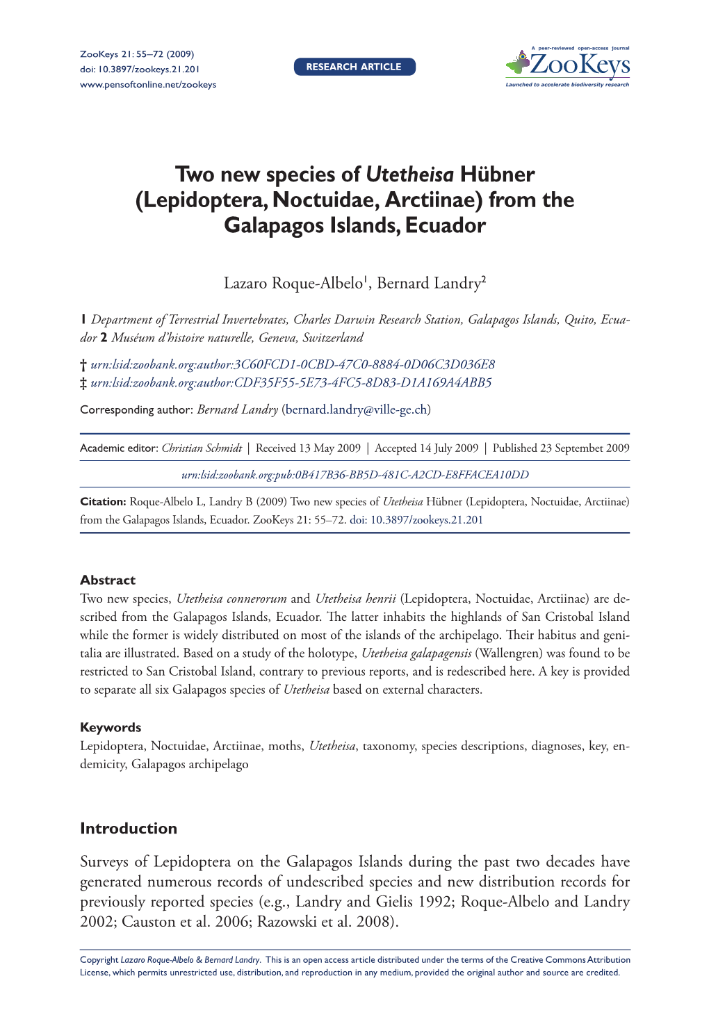 Two New Species of Utetheisa Hübner (Lepidoptera, Noctuidae, Arctiinae) from the Galapagos Islands, Ecuador