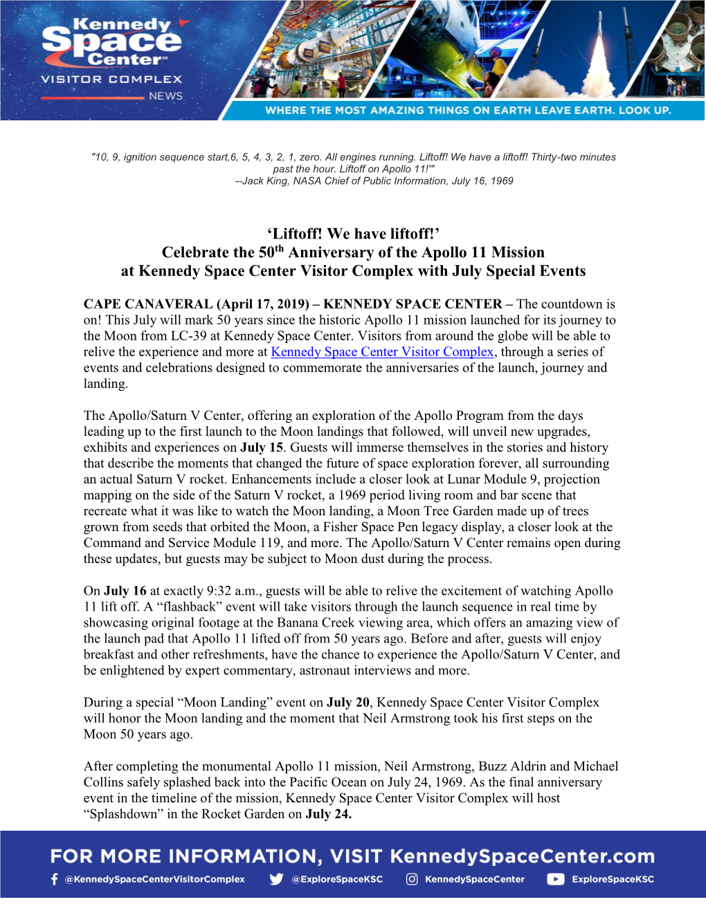 'Liftoff! We Have Liftoff!' Celebrate the 50Th Anniversary of the Apollo 11 Mission at Kennedy Space Center Visitor Complex