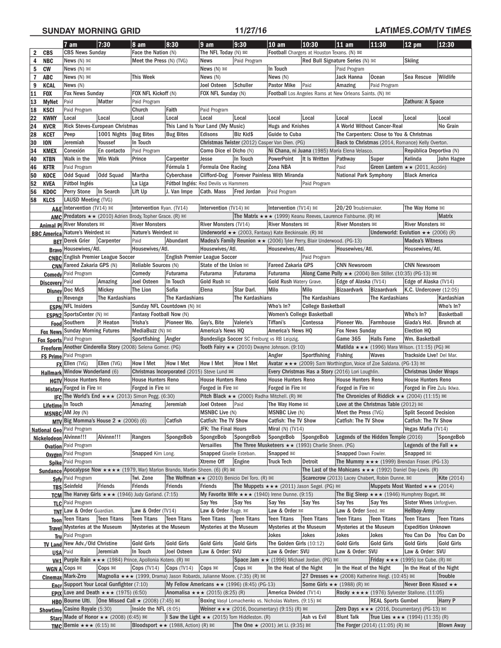 Sunday Morning Grid 11/27/16 Latimes.Com/Tv Times