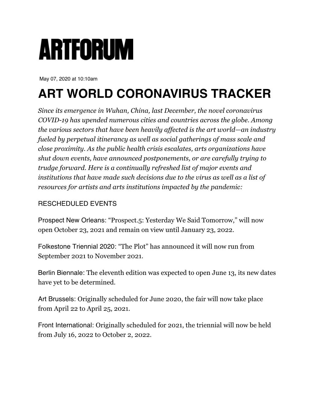 Art World Coronavirus Tracker