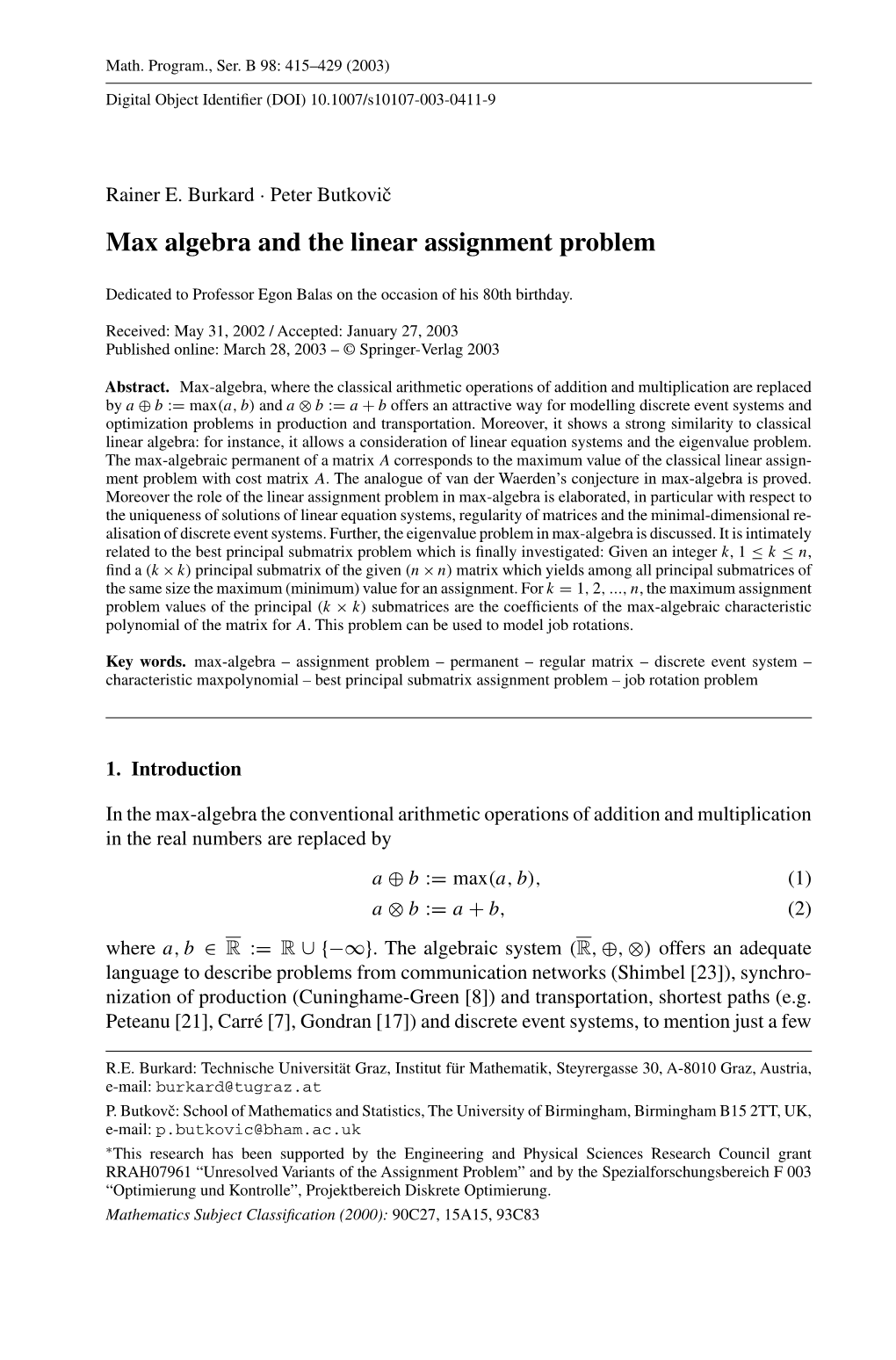 Max Algebra and the Linear Assignment Problem