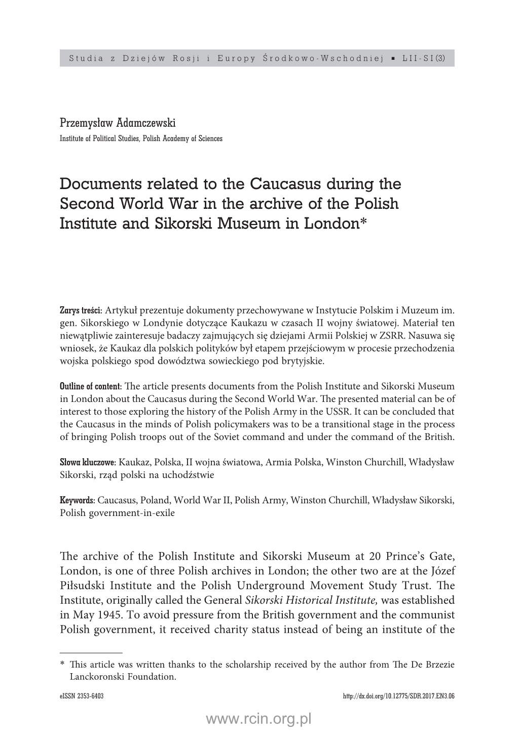 Documents Related to the Caucasus During the Second World War in the Archive of the Polish Institute and Sikorski Museum in London*