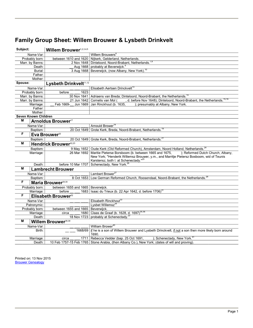 Family Group Sheet: Willem Brouwer & Lysbeth Drinkvelt