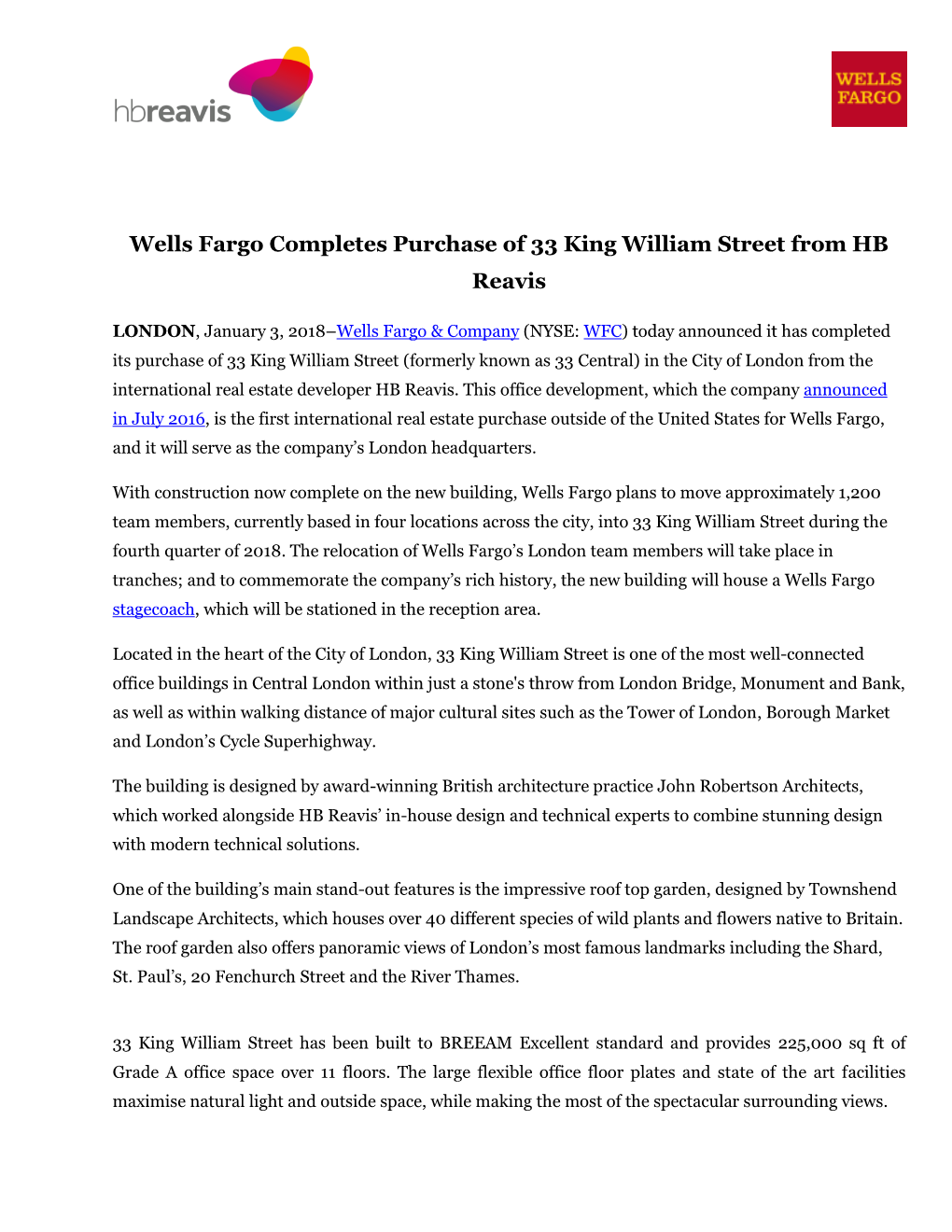 Wells Fargo Completes Purchase of 33 King William Street from HB Reavis