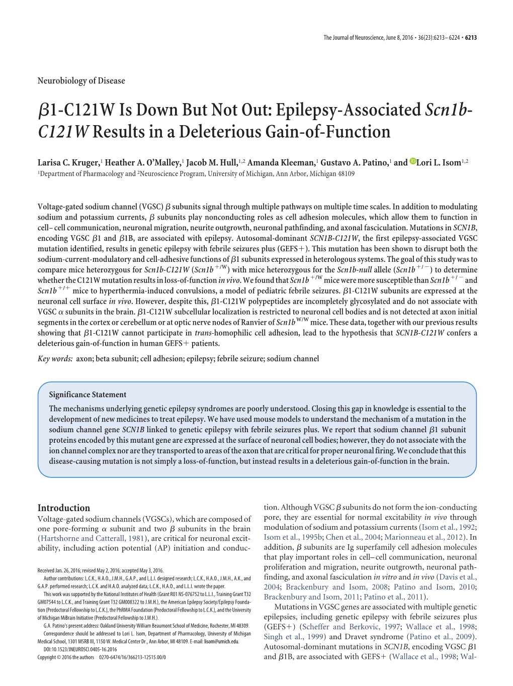 Epilepsy-Associated Scn1b-C121W Results