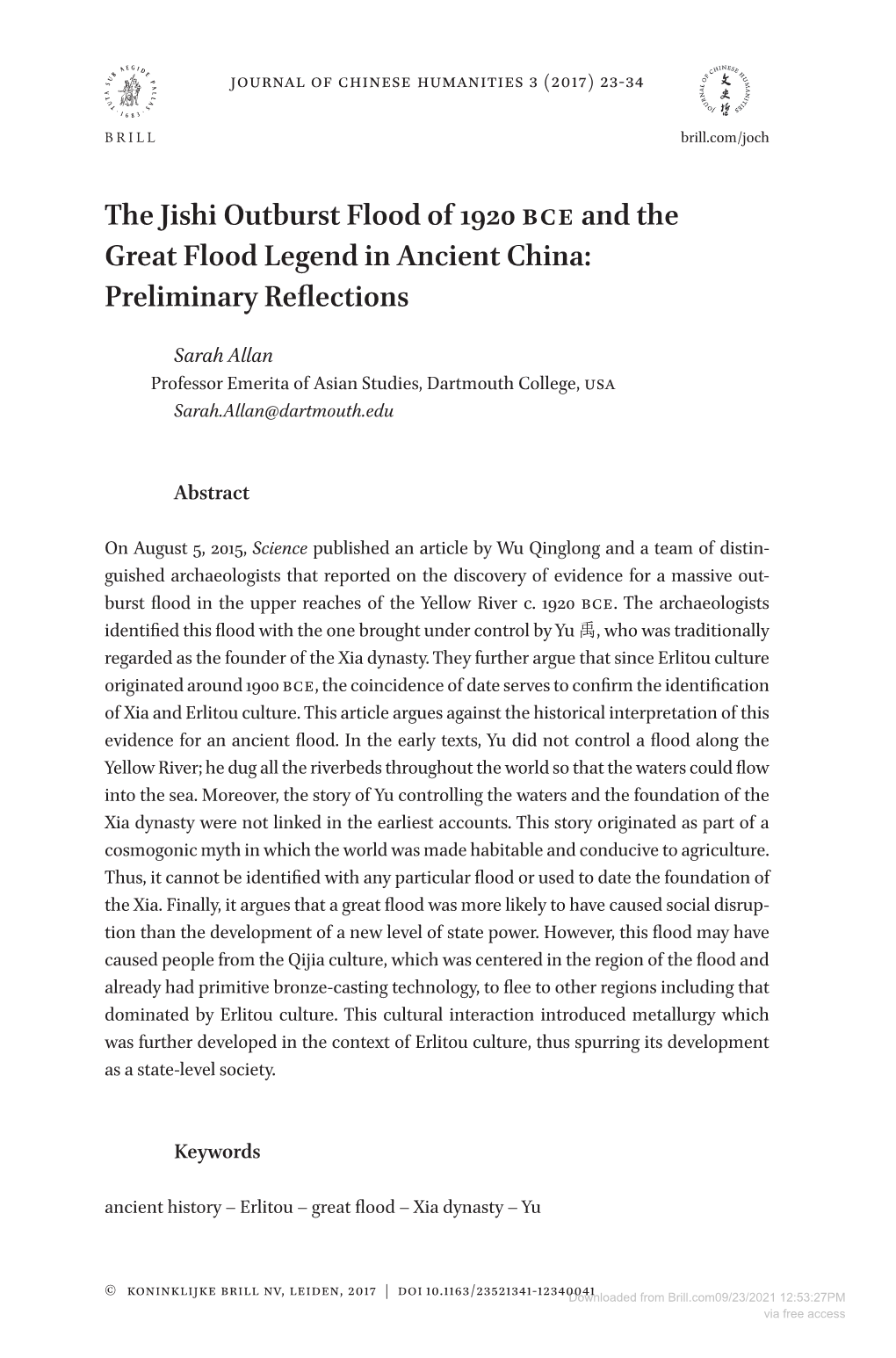 The Jishi Outburst Flood of 1920 BCE and the Great Flood Legend in Ancient China: Preliminary Reflections