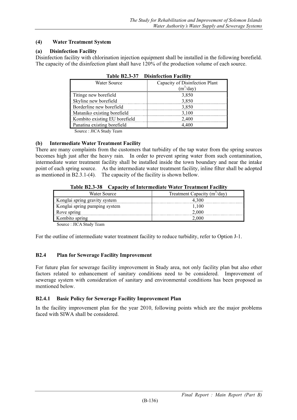 (4) Water Treatment System (A) Disinfection Facility Disinfection Facility with Chlorination Injection Equipment Shall Be Installed in the Following Borefield