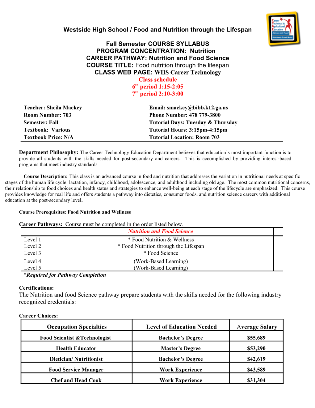 Westside High School / Food and Nutrition Through the Lifespan