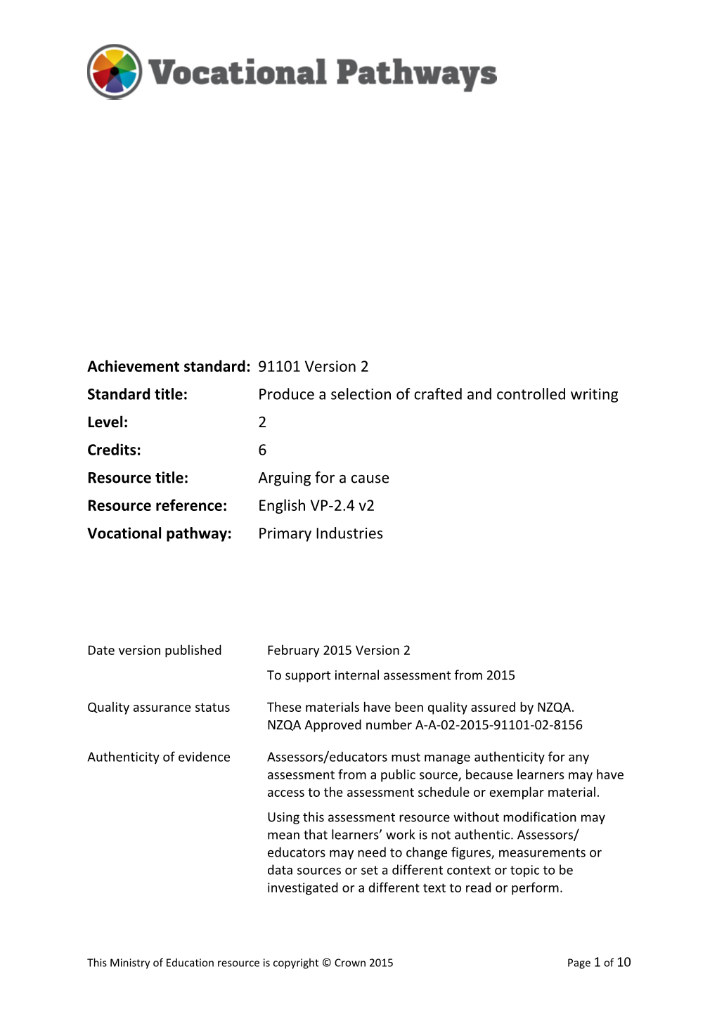 Vocational Pathways Internal Assessment Resource s1