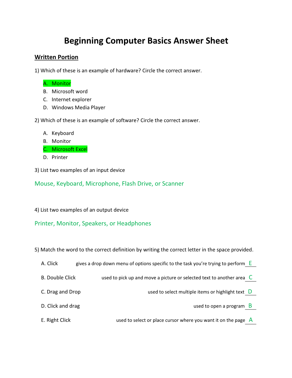 Beginning Computer Basics Answer Sheet