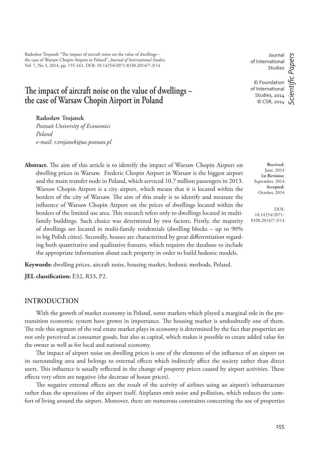 The Case of Warsaw Chopin Airport in Poland”, Journal of International Studies , of International Vol