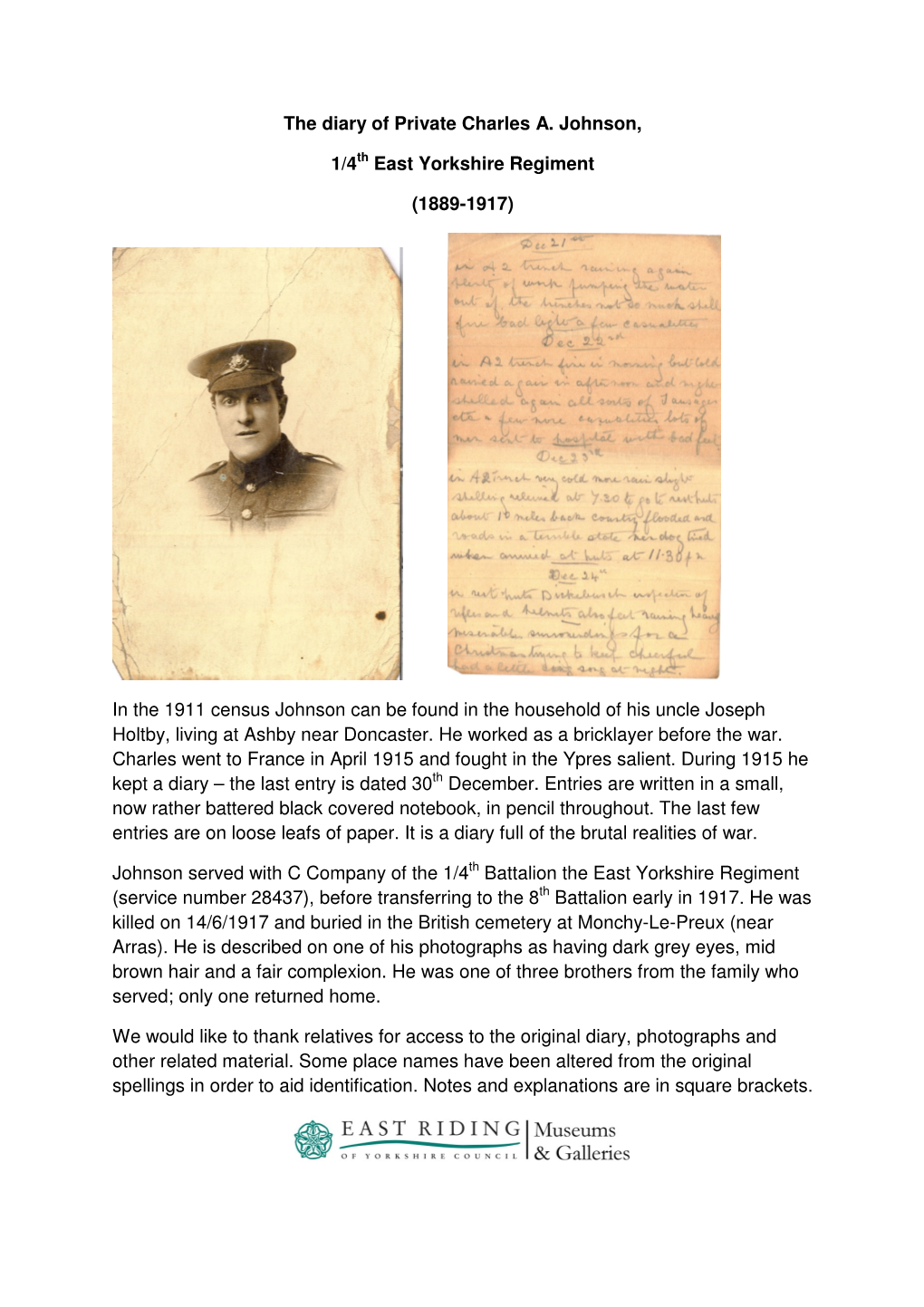 The Diary of Private Charles A. Johnson, 1/4Th East Yorkshire