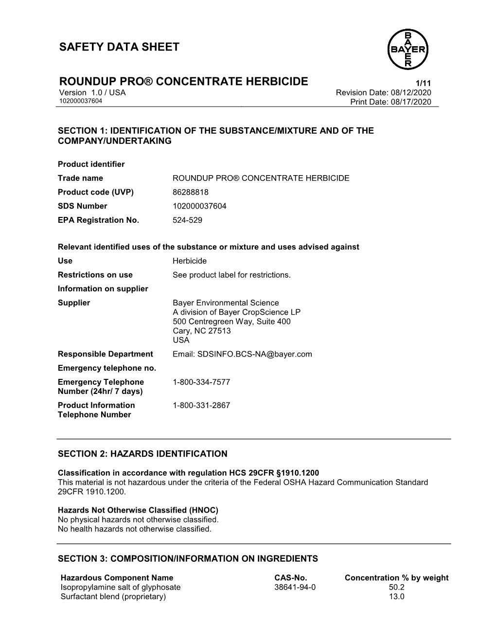 Safety Data Sheet Roundup Pro® Concentrate Herbicide