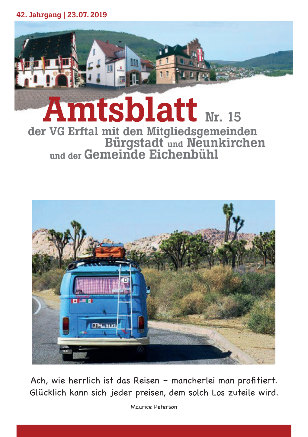 Amtsblatt Nr. 15 Der VG Erftal Mit Den Mitgliedsgemeinden Bürgstadt Und Neunkirchen Und Der Gemeinde Eichenbühl