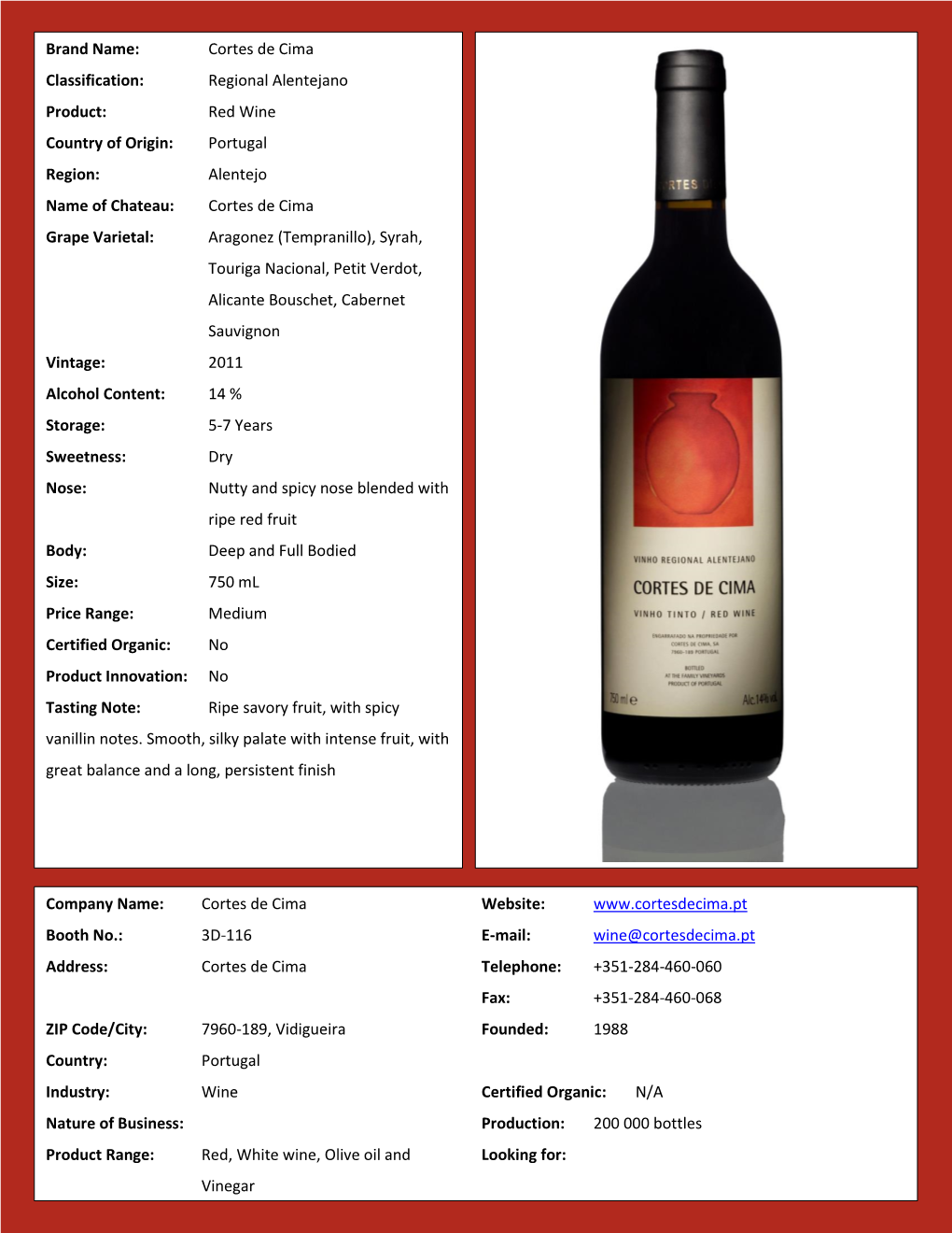 Cortes De Cima Classification: Regional Alentejano Product: Red Wine