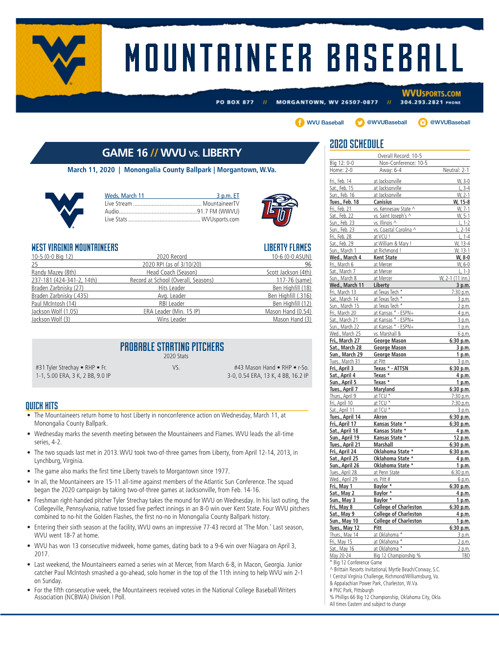 2020 Schedule Game 16 //Wvu Vs. Liberty Probable Starting