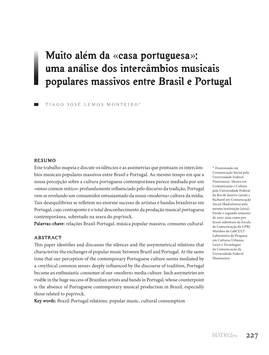 Casa Portuguesa»: Uma Análise Dos Intercâmbios Musicais Populares Massivos Entre Brasil E Portugal