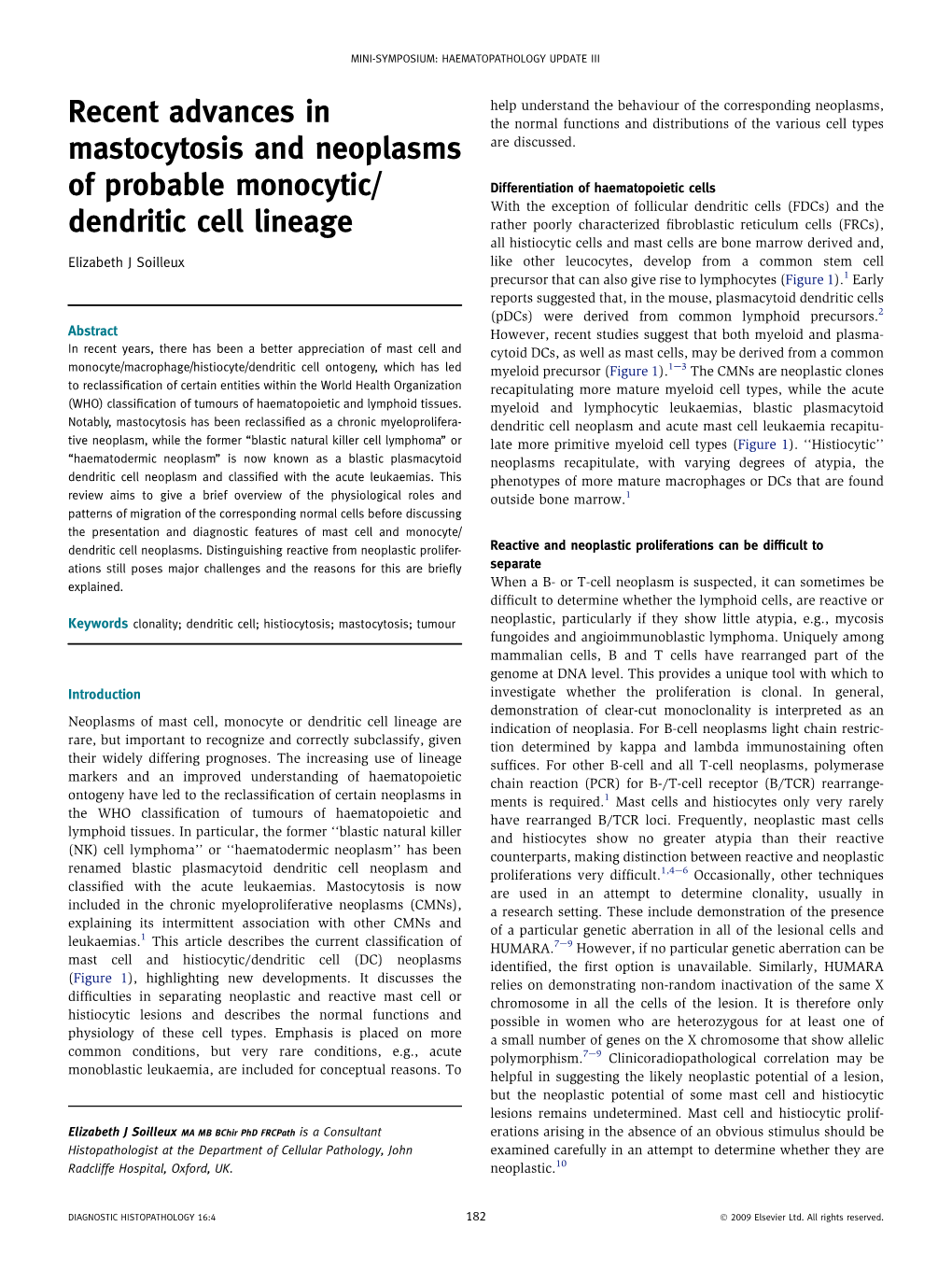 Recent Advances in Mastocytosis and Neoplasms of Probable Monocytic