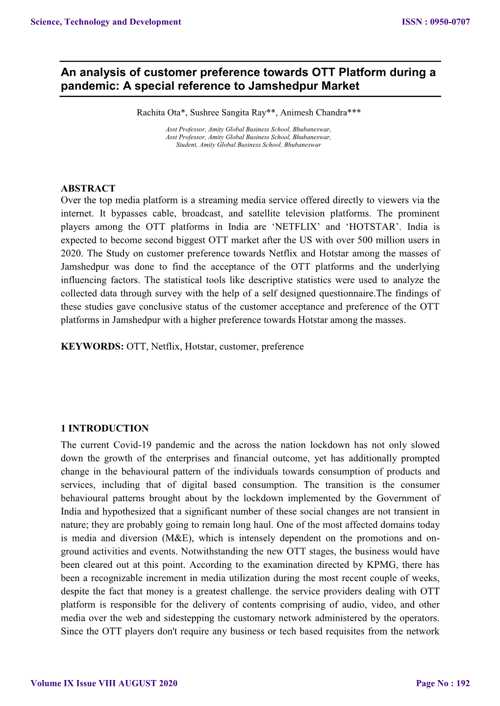 An Analysis of Customer Preference Towards OTT Platform During a Pandemic: a Special Reference to Jamshedpur Market