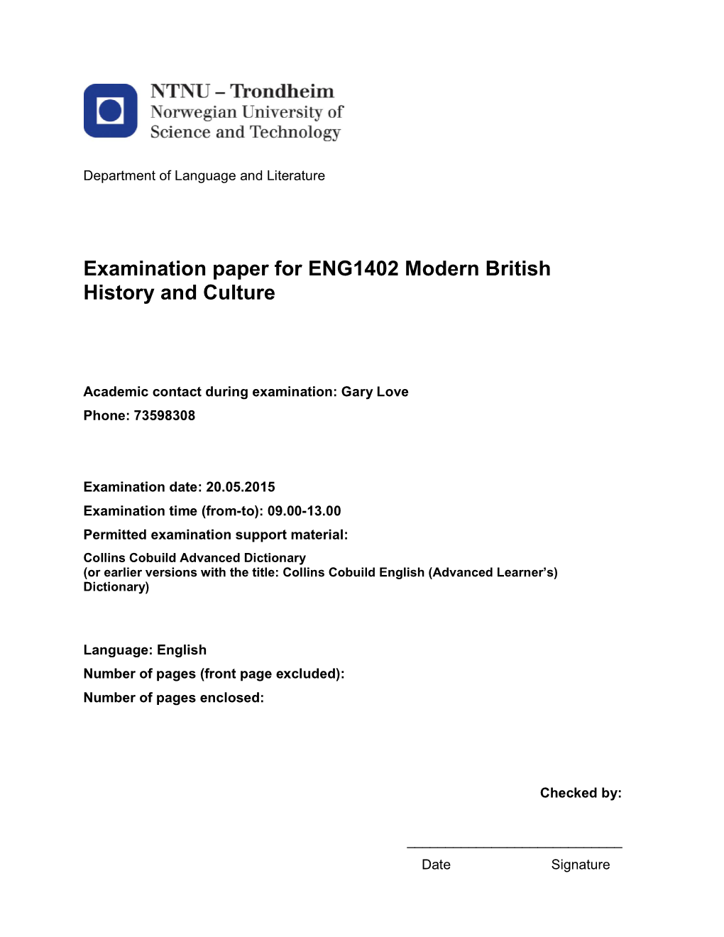 Examination Paper for ENG1402 Modern British History and Culture