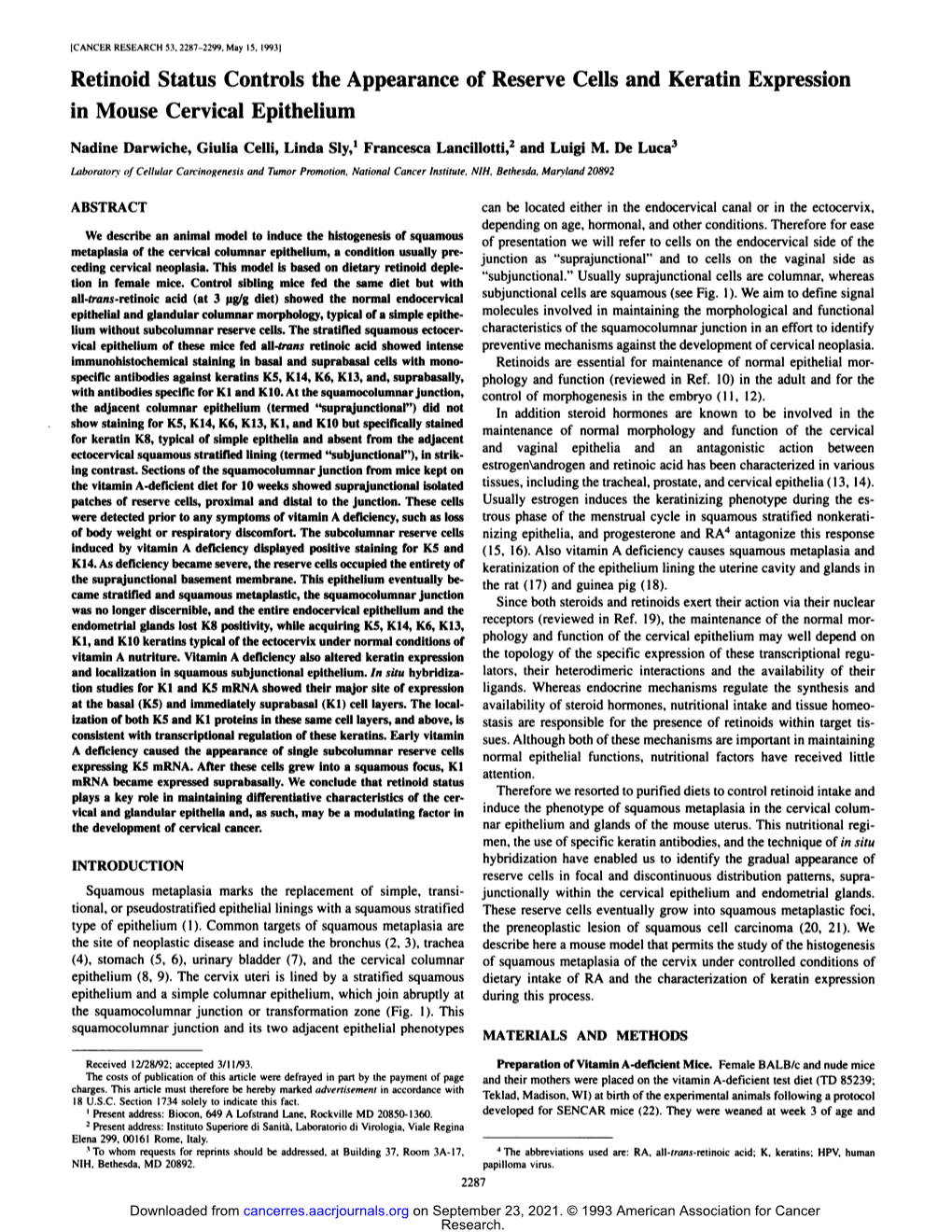 Retinoid Status Controls the Appearance of Reserve Cells and Keratin Expression in Mouse Cervical Epithelium