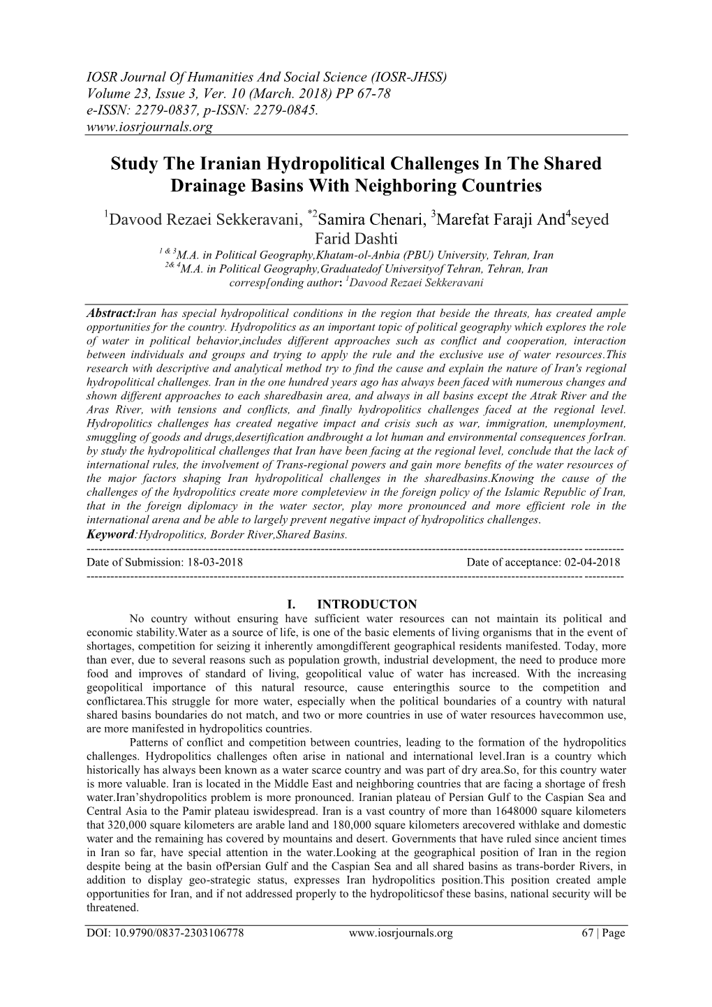 Study the Iranian Hydropolitical Challenges in the Shared Drainage Basins with Neighboring Countries