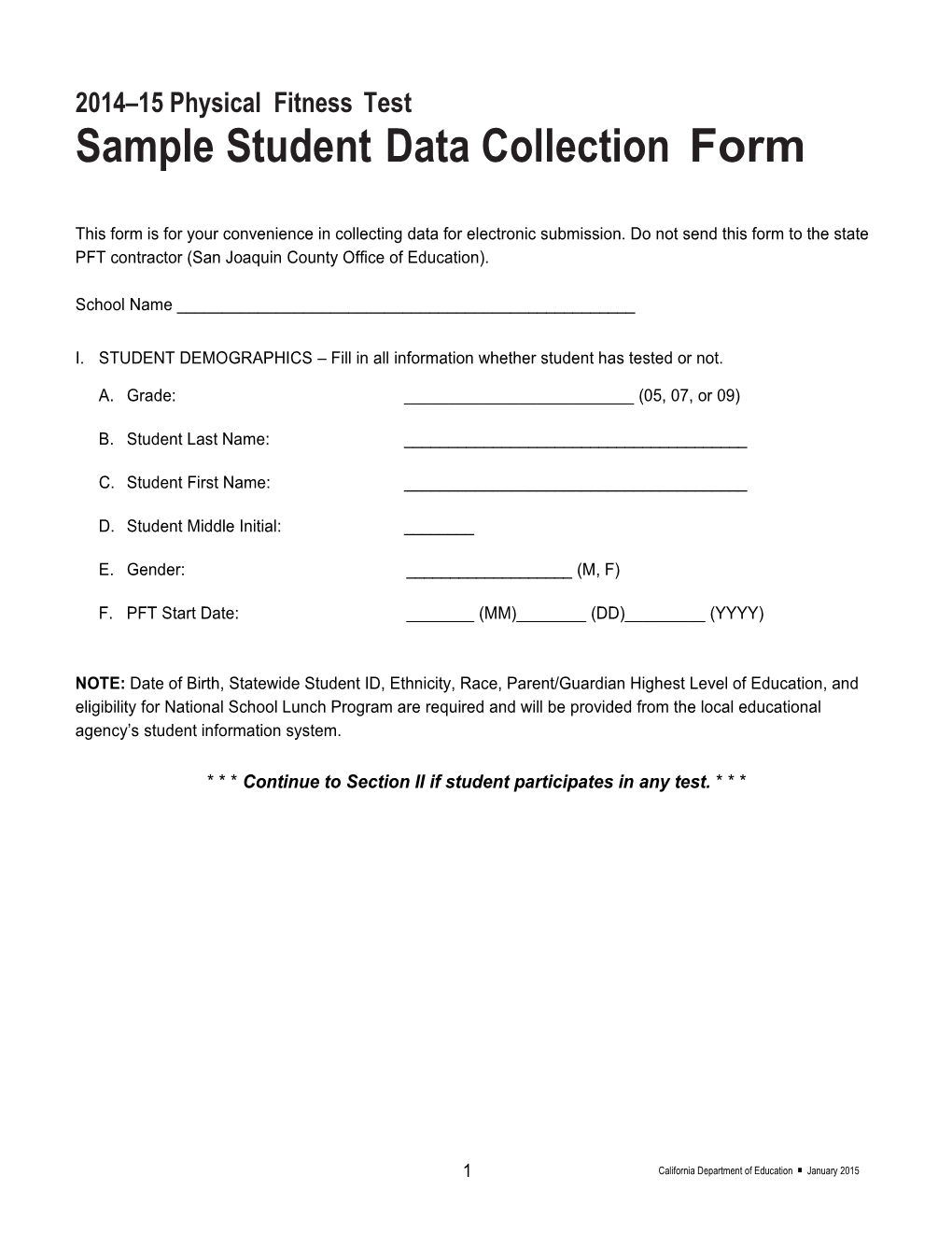 Sample Student Data Collection Form